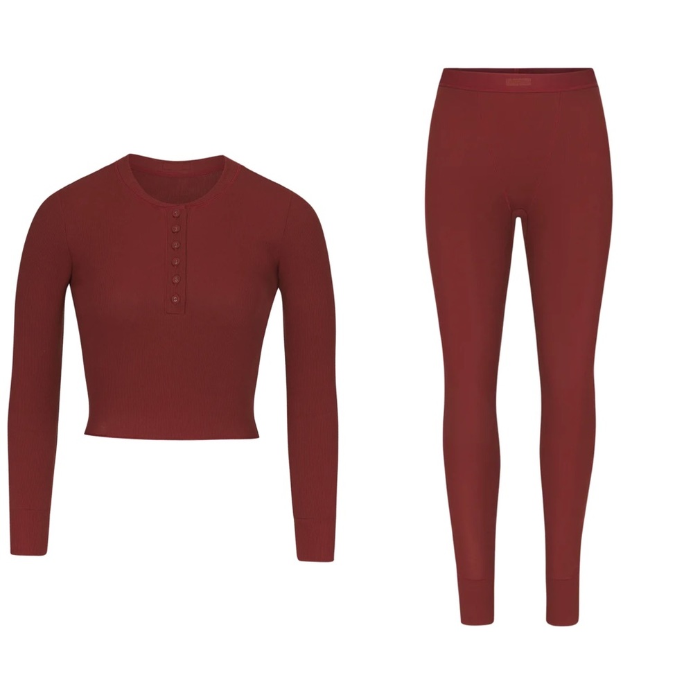 Ready 2 Ship SKIMS HOLIDAY EDITION Henley Sangria Long Sleeve With Leggings Set